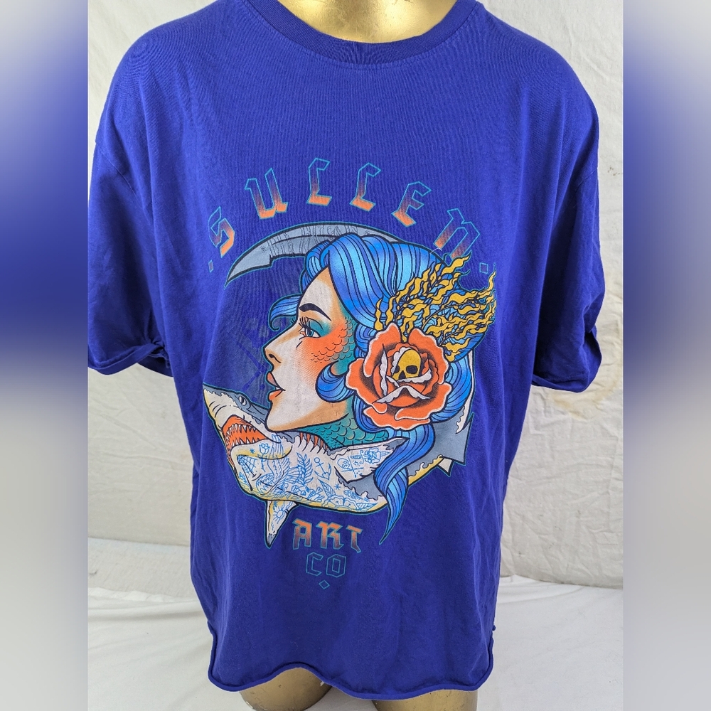 Sullen Tattoo Art Tropical Beauty Woman Skull Rose Colbalt Blue Tee Large